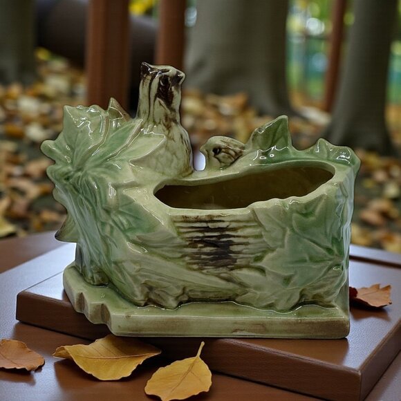 McCoy Vtg Ceramic Bird Planter Figurine Green Beige Brown Decorative MCM Crazing - Picture 2 of 10